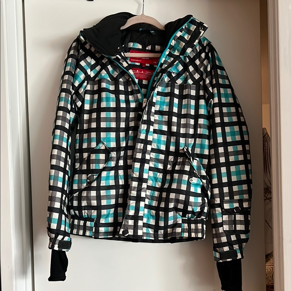 O'Neill Black and Teal Plaid Snowboard jacket.